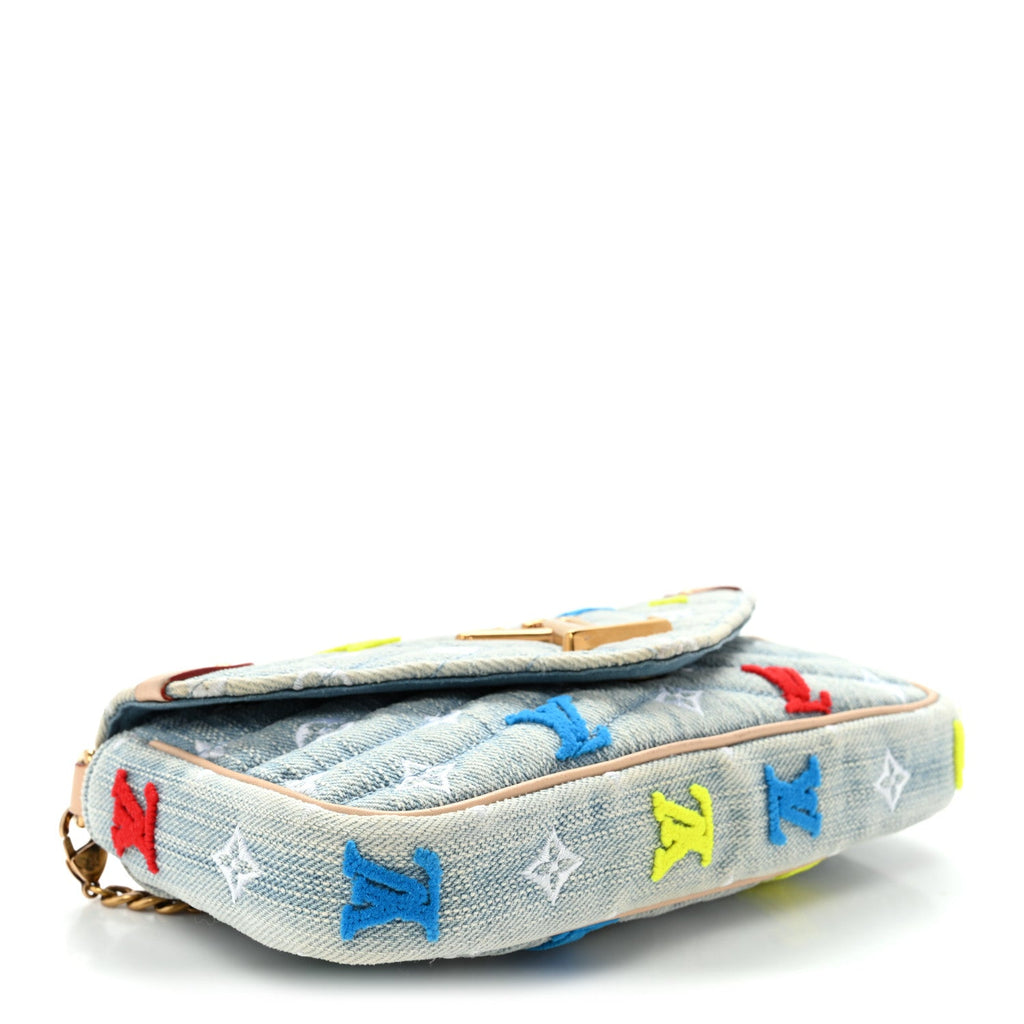 Louis Vuitton Embroidered Monogram Denim New Wave Chain Pochette Blue