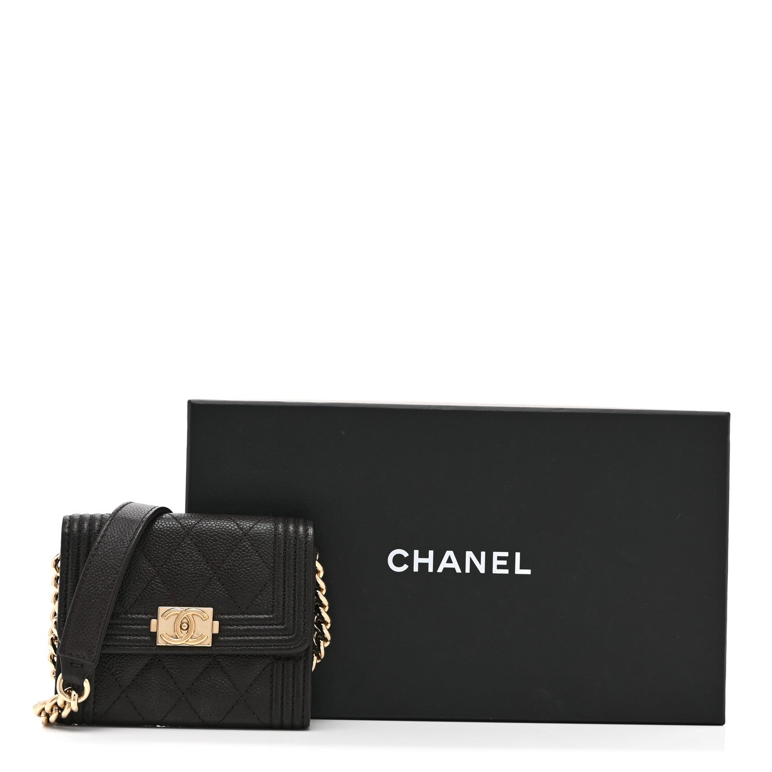 Chanel Caviar Quilted Boy Card Holder On Chain Black