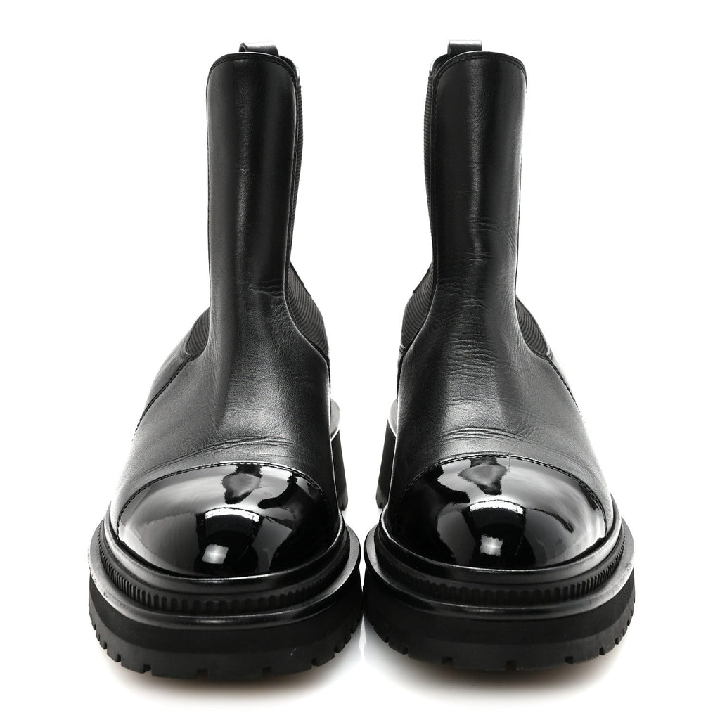 Calfskin Patent Cap Toe Ankle Boots 39.5 Black