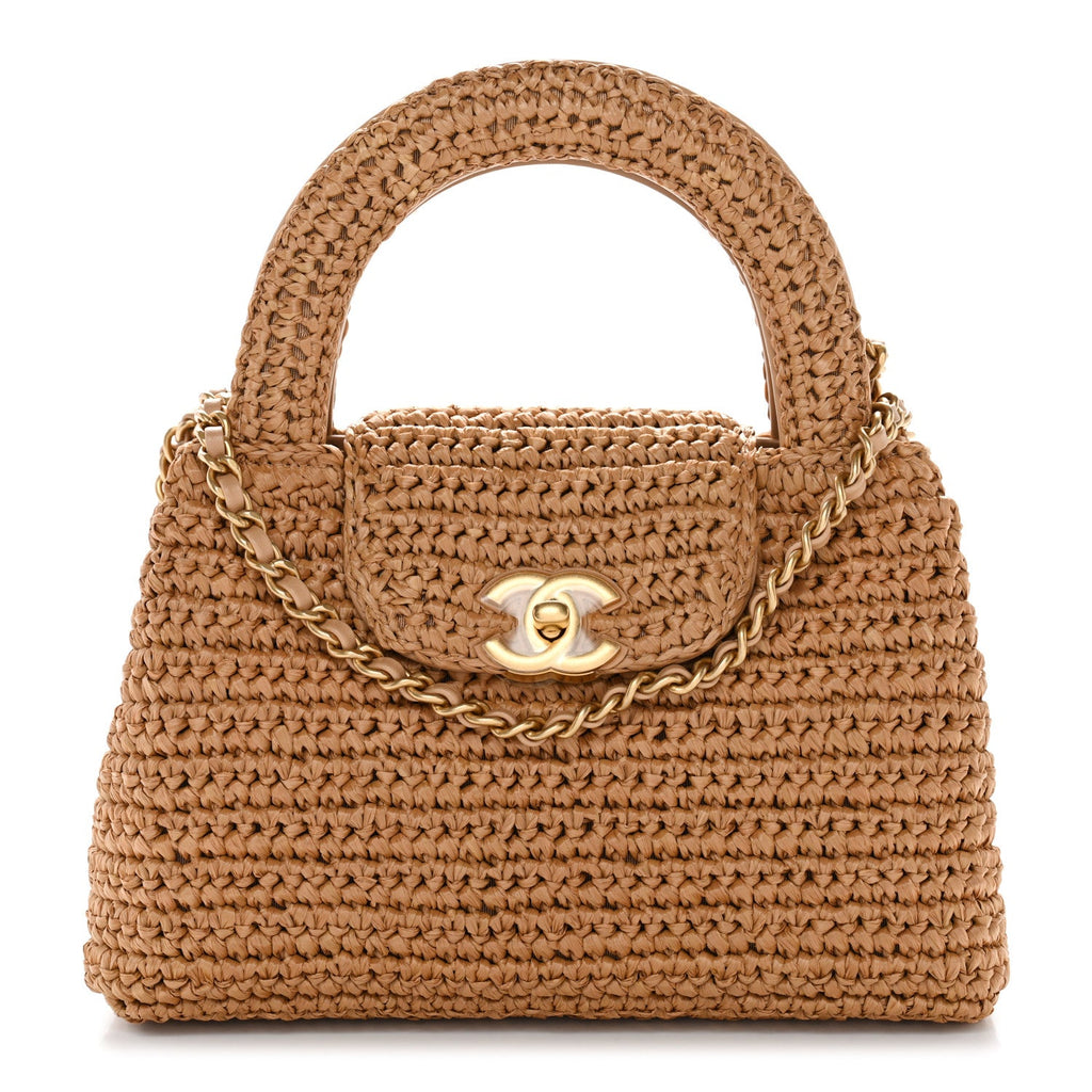Chanel Braided Raffia Nano Kelly Flap Bag Dark Beige