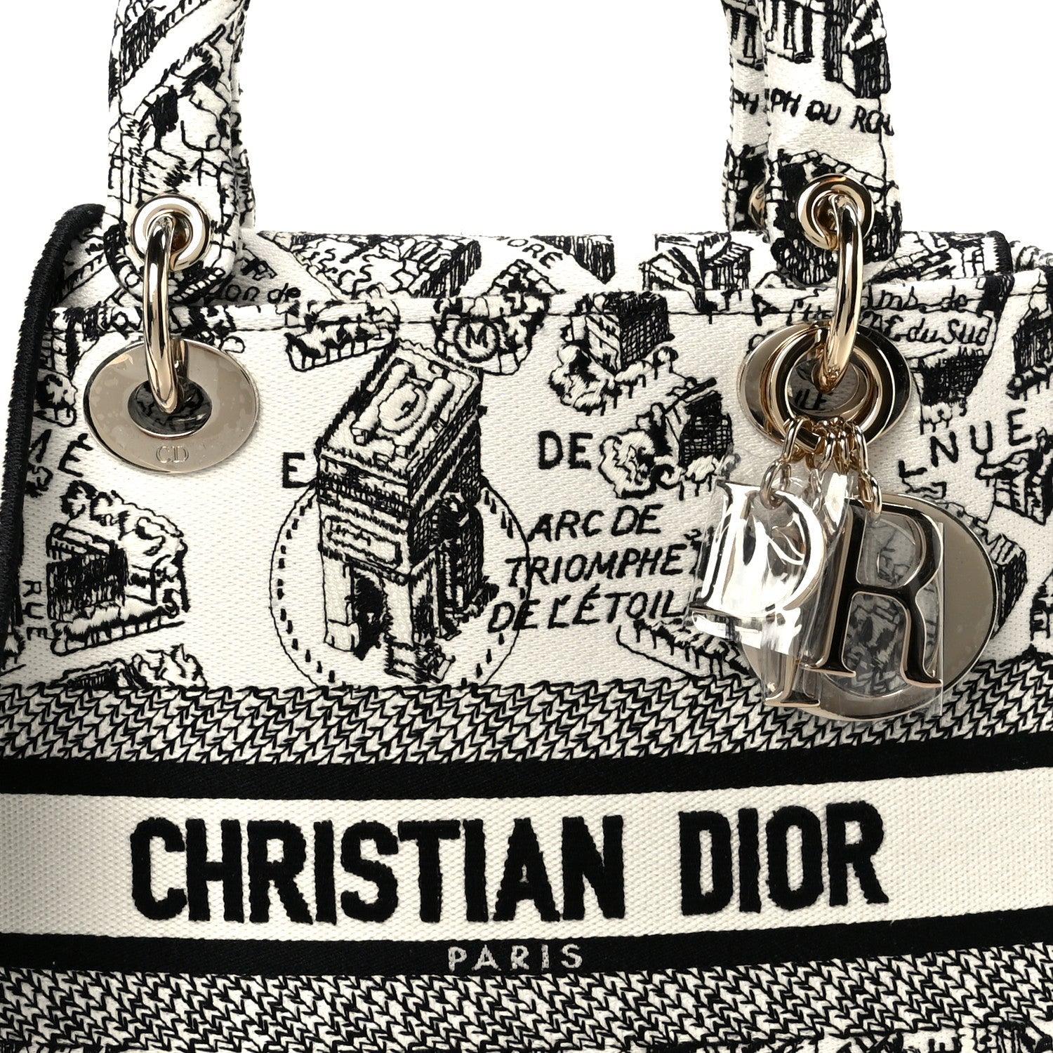 Christian Dior Canvas Embroidered Plan de Paris Medium Lady D-Lite White Black