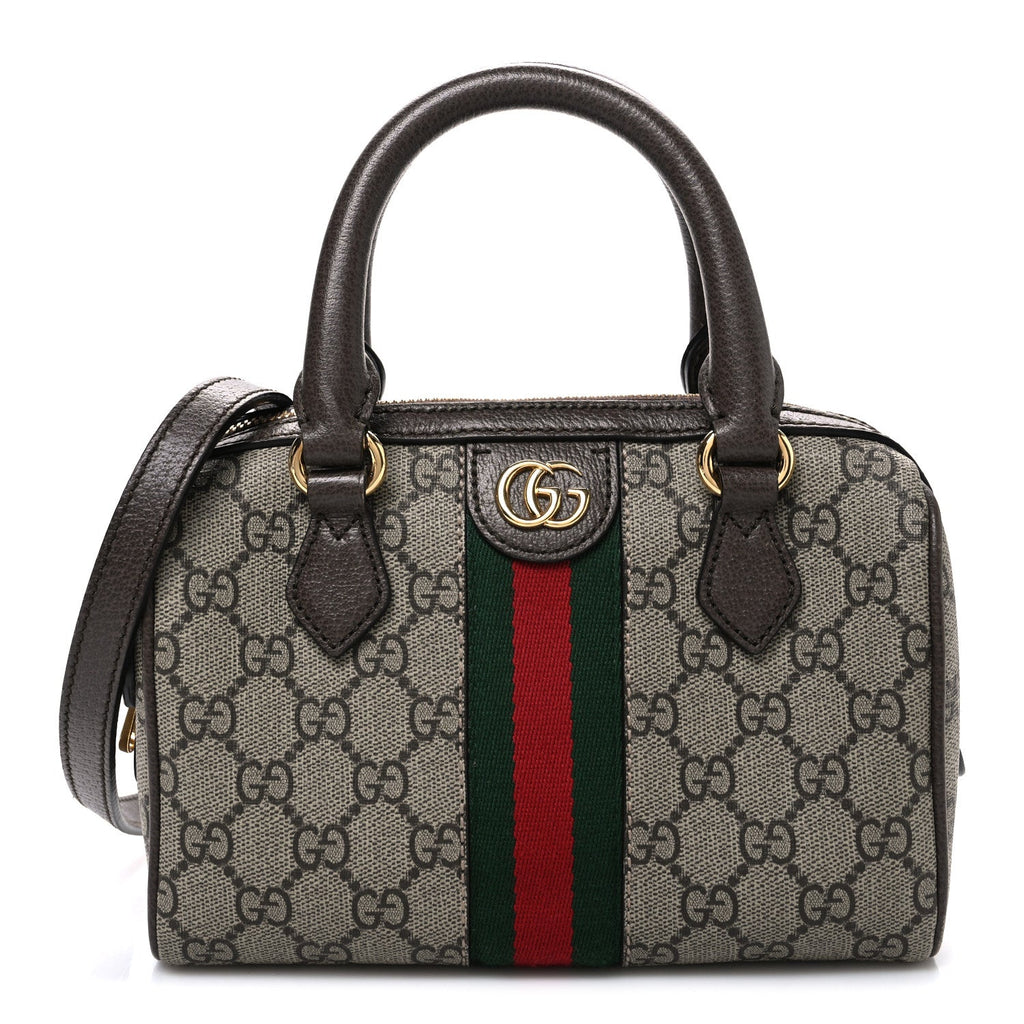 Gucci GG Supreme Monogram Textured Dollar Calfskin Web Mini Ophidia Top Handle Bag Beige Ebony New Acero