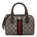 Gucci GG Supreme Monogram Textured Dollar Calfskin Web Mini Ophidia Top Handle Bag Beige Ebony New Acero