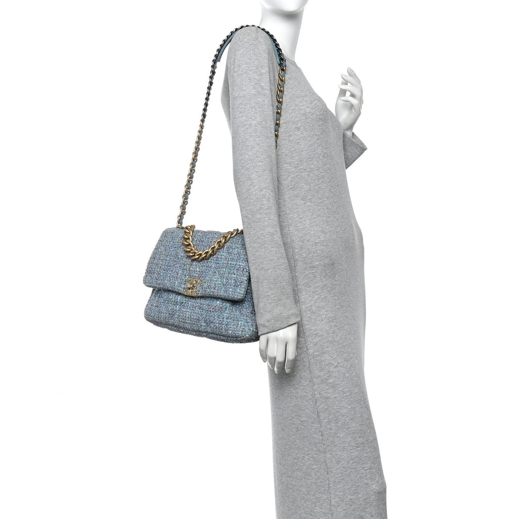 Chanel Tweed Quilted Large Chanel 19 Flap Blue Multicolor