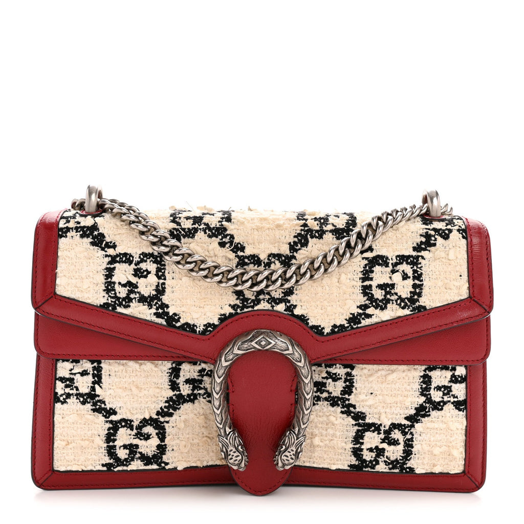 Gucci Tweed GG Monogram Small Dionysus Shoulder Bag White Black Romantic Cherry