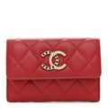 Lambskin Pearl Enamel Quilted Flap Card Holder Red