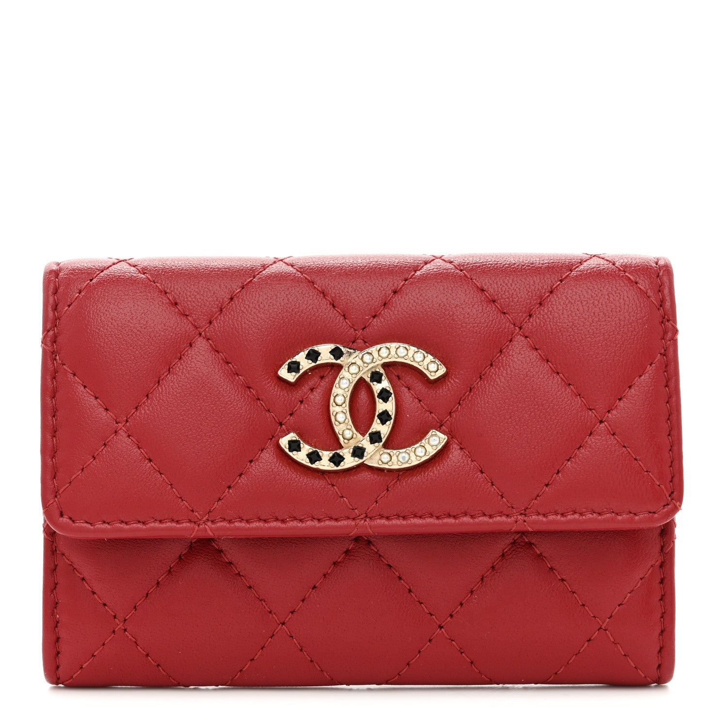 Lambskin Pearl Enamel Quilted Flap Card Holder Red