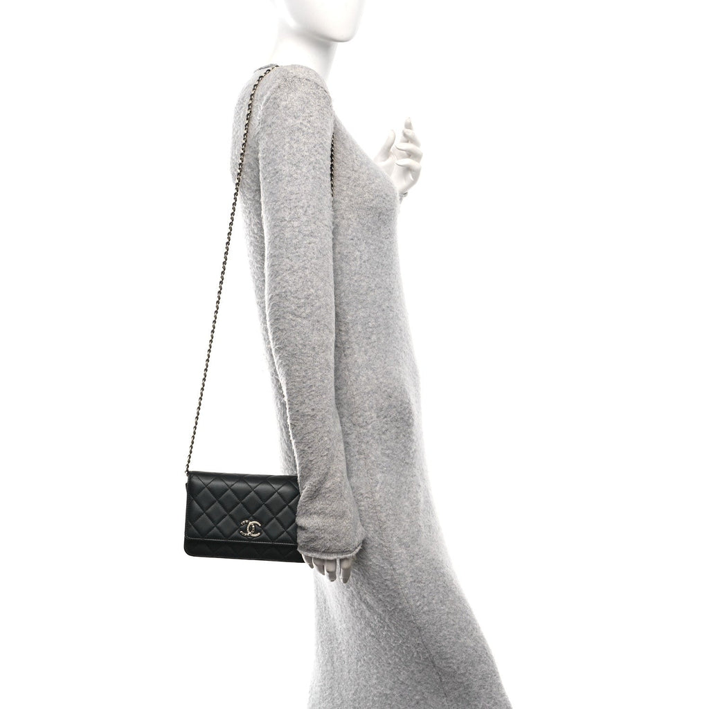 Chanel Lambskin Pearl Strass Quilted CC Wallet on Chain WOC Black
