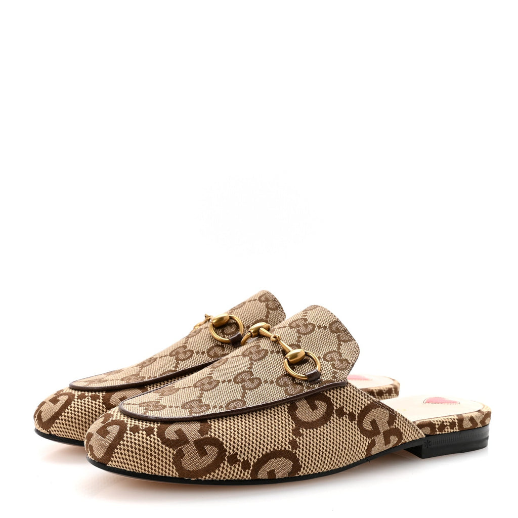 Gucci Monogram Jumbo GG Malaga Kid Womens Princetown Slippers 35.5 Camel Ebony New Acero Beige