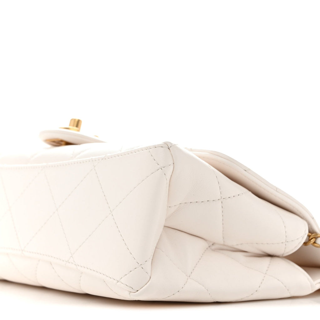 Chanel Shiny Lambskin Pearl Top Handle Flap Shopping Bag White