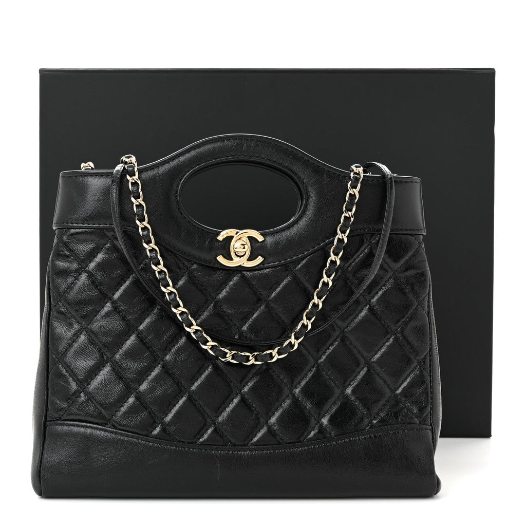 Chanel Shiny Crumpled Calfskin Quilted Mini 31 Shopping Bag Black