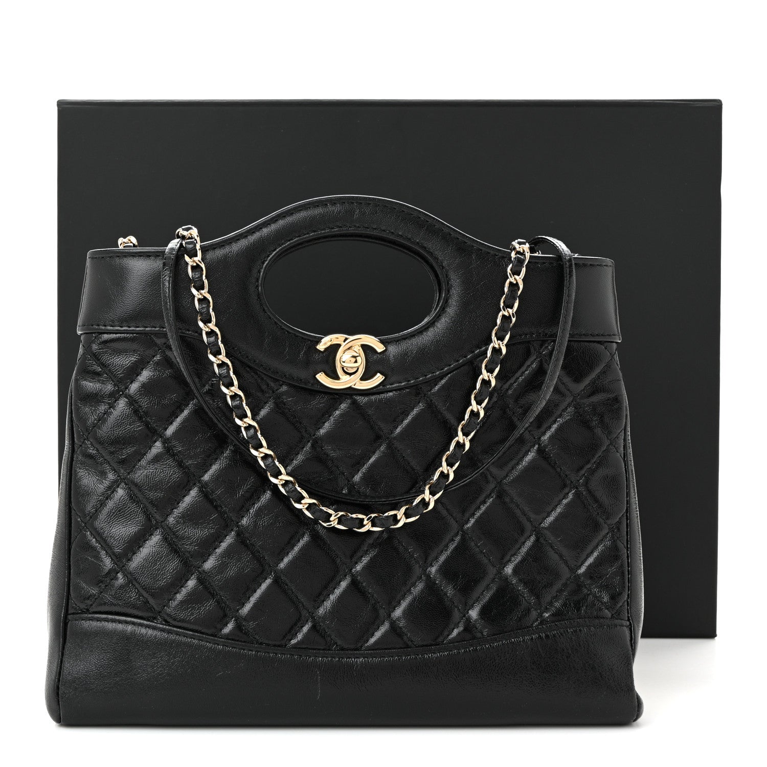 Chanel Shiny Crumpled Calfskin Quilted Mini 31 Shopping Bag Black