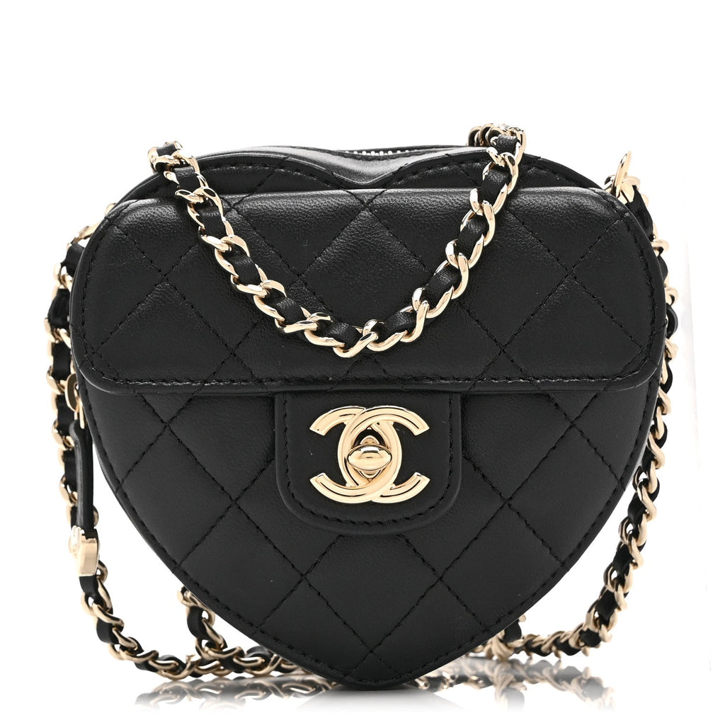 Chanel Lambskin Quilted CC In Love Heart Clutch With Chain Black