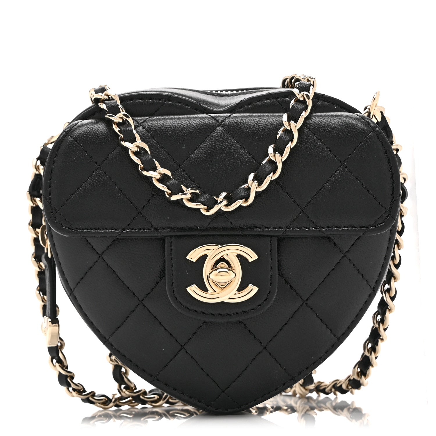 Chanel Lambskin Quilted CC In Love Heart Clutch With Chain Black