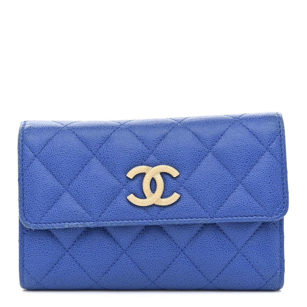 Caviar Quilted Studded CC Medium Flap Wallet Blue Blue