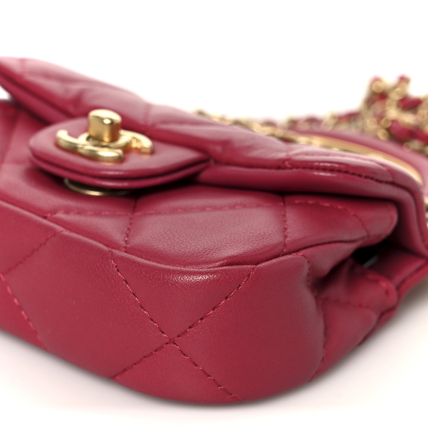 Chanel Calfskin Quilted Lady Handle Flap Card Holder With Chain Dark Pink