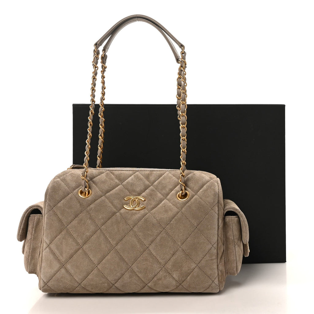 Chanel Suede Quilted Chanel 25 Bowling Bag Dark Grey
