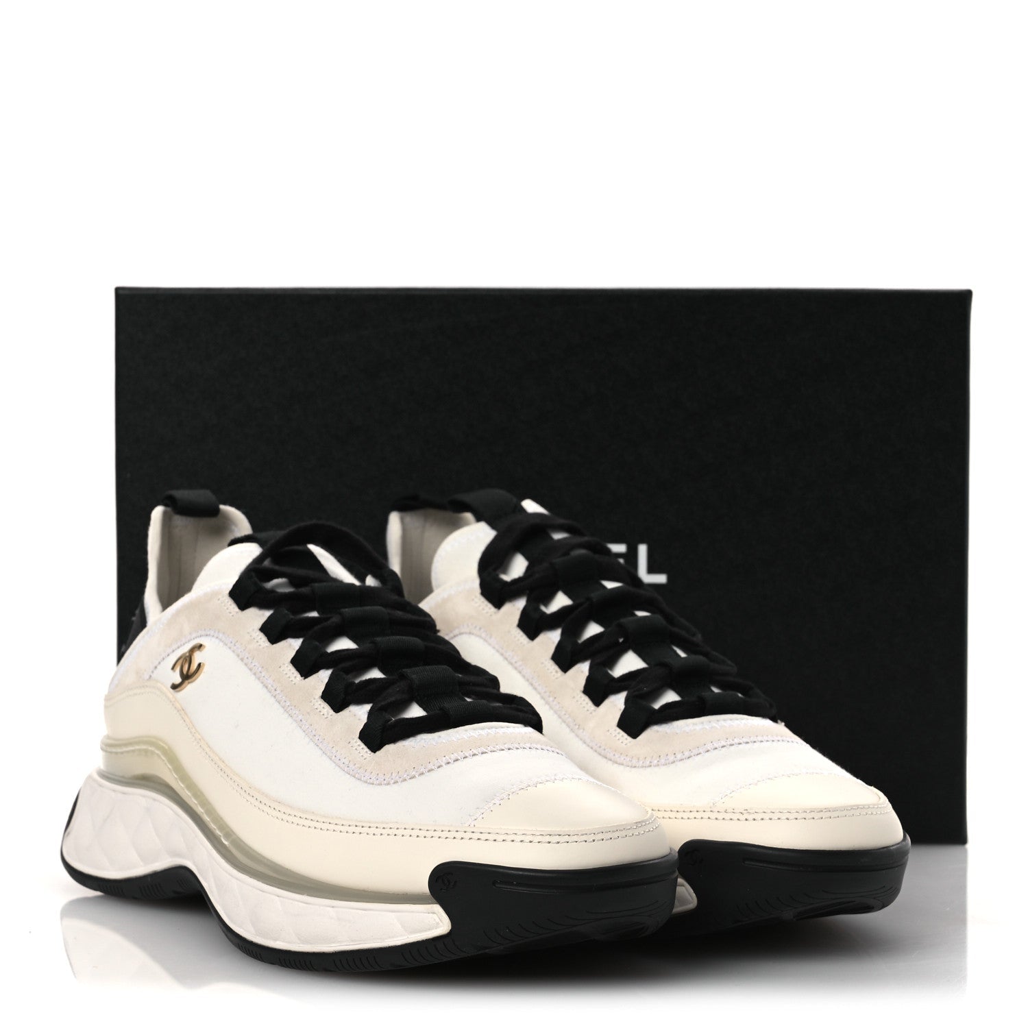 Chanel Velvet Calfskin Mixed Fibers CC Sneakers 40.5 Ivory Black