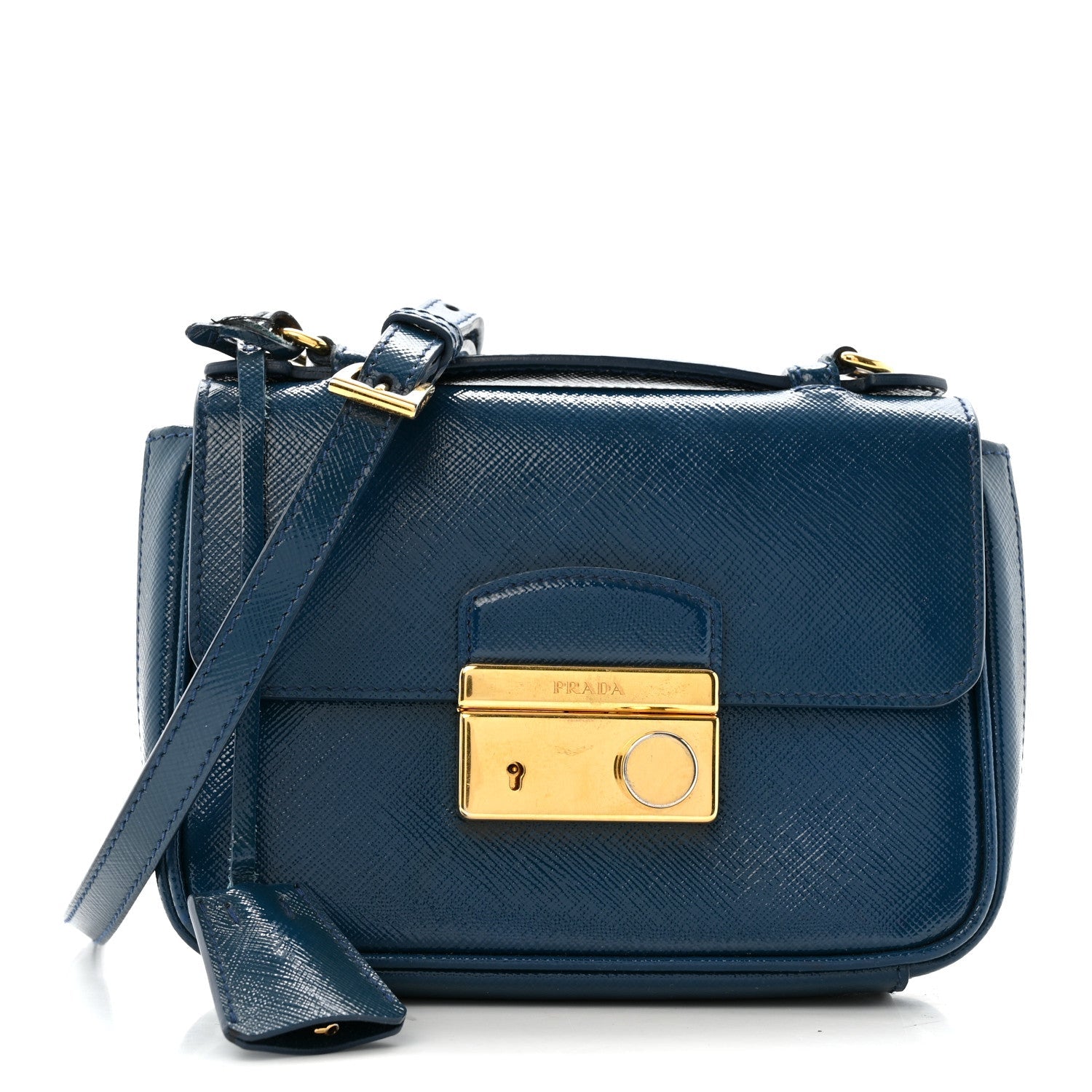 Prada Saffiano Vernice Lock Flap Chain Bag Azzurro