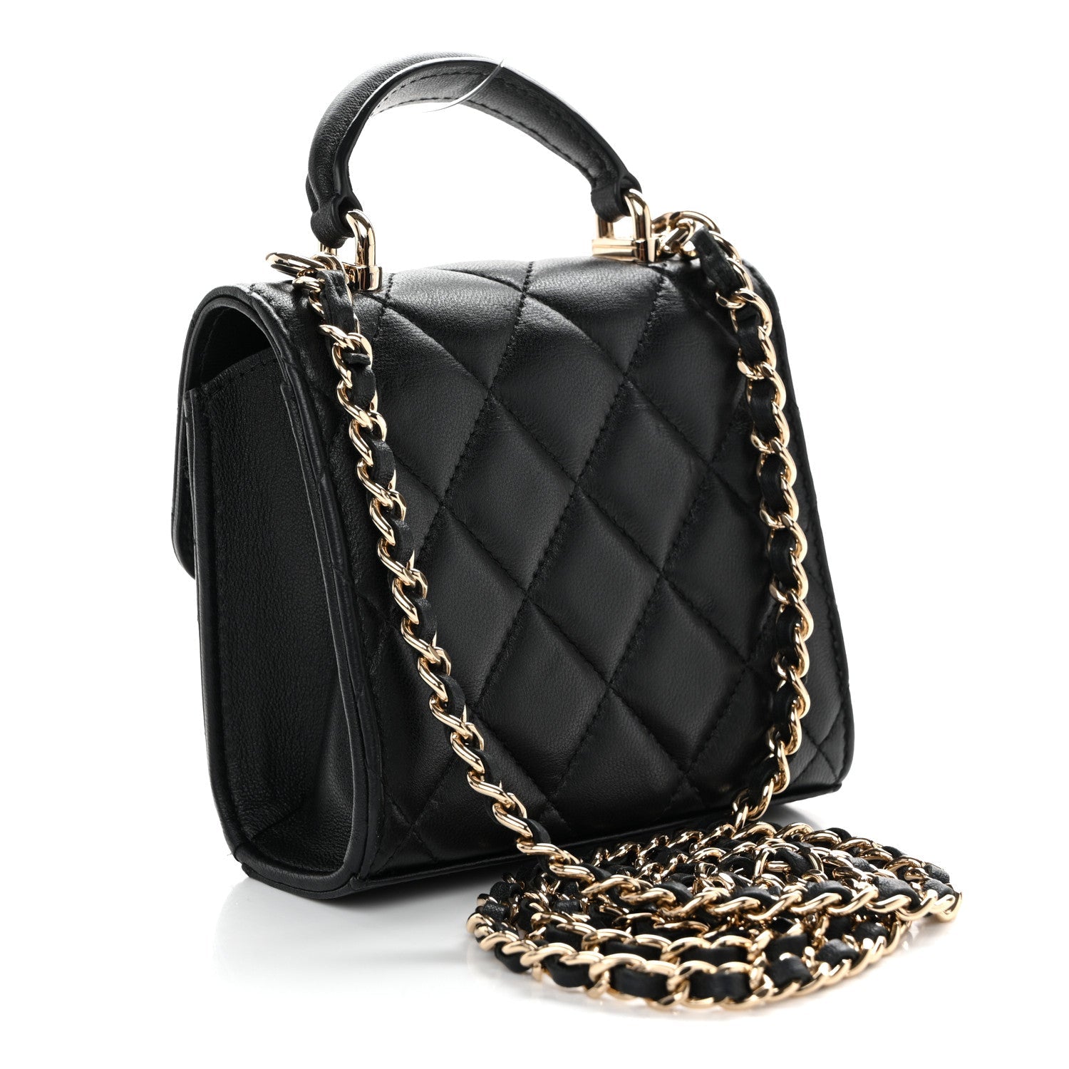 Chanel Lambskin Quilted Top Handle Flap Clutch With Chain Black
