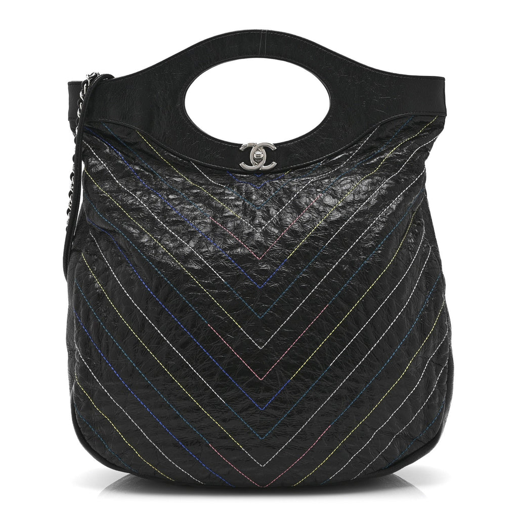 Chanel Glazed Calfskin Chevron Stitched Large 31 Shopping Bag Black Multicolor