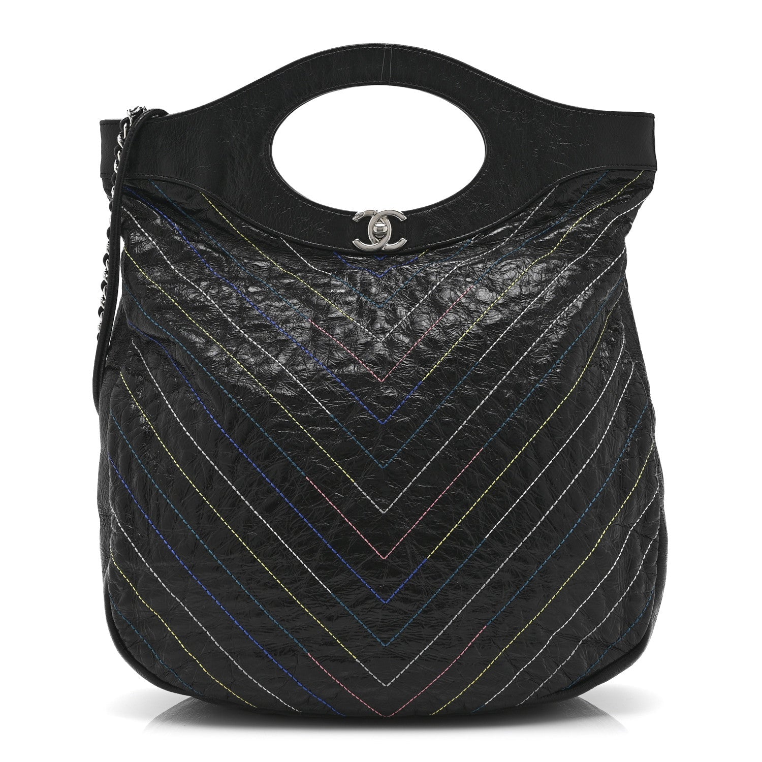 Chanel Glazed Calfskin Chevron Stitched Large 31 Shopping Bag Black Multicolor