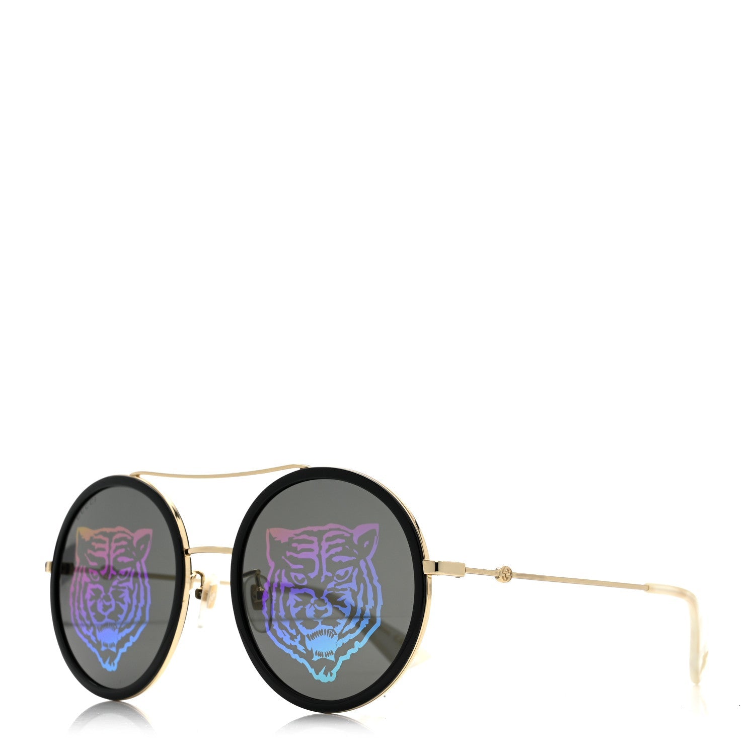 Gucci Metal Round Frame Tiger Print Sunglasses GG0061S Gold