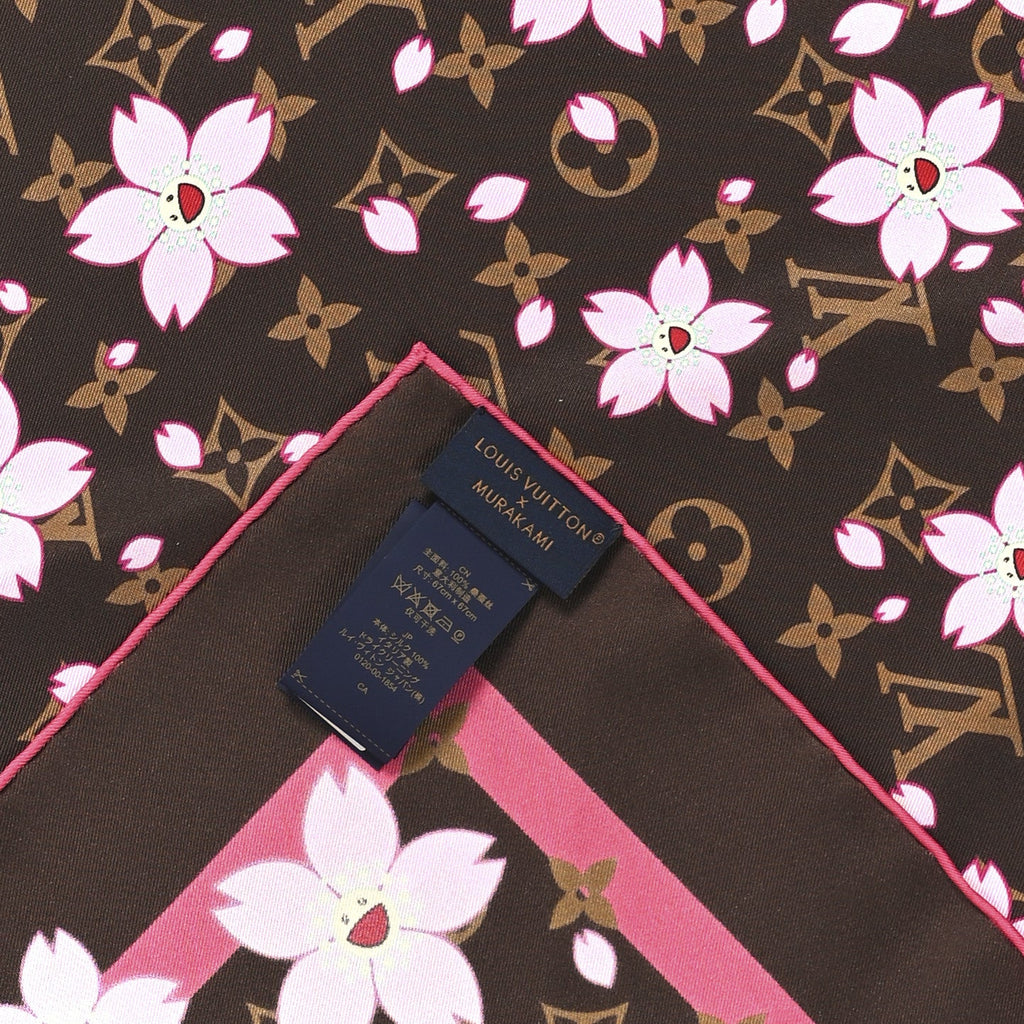Louis Vuitton LV X TM Silk Cotton Monogram Cherry Blossom Square Scarf 70 Sakura Brown