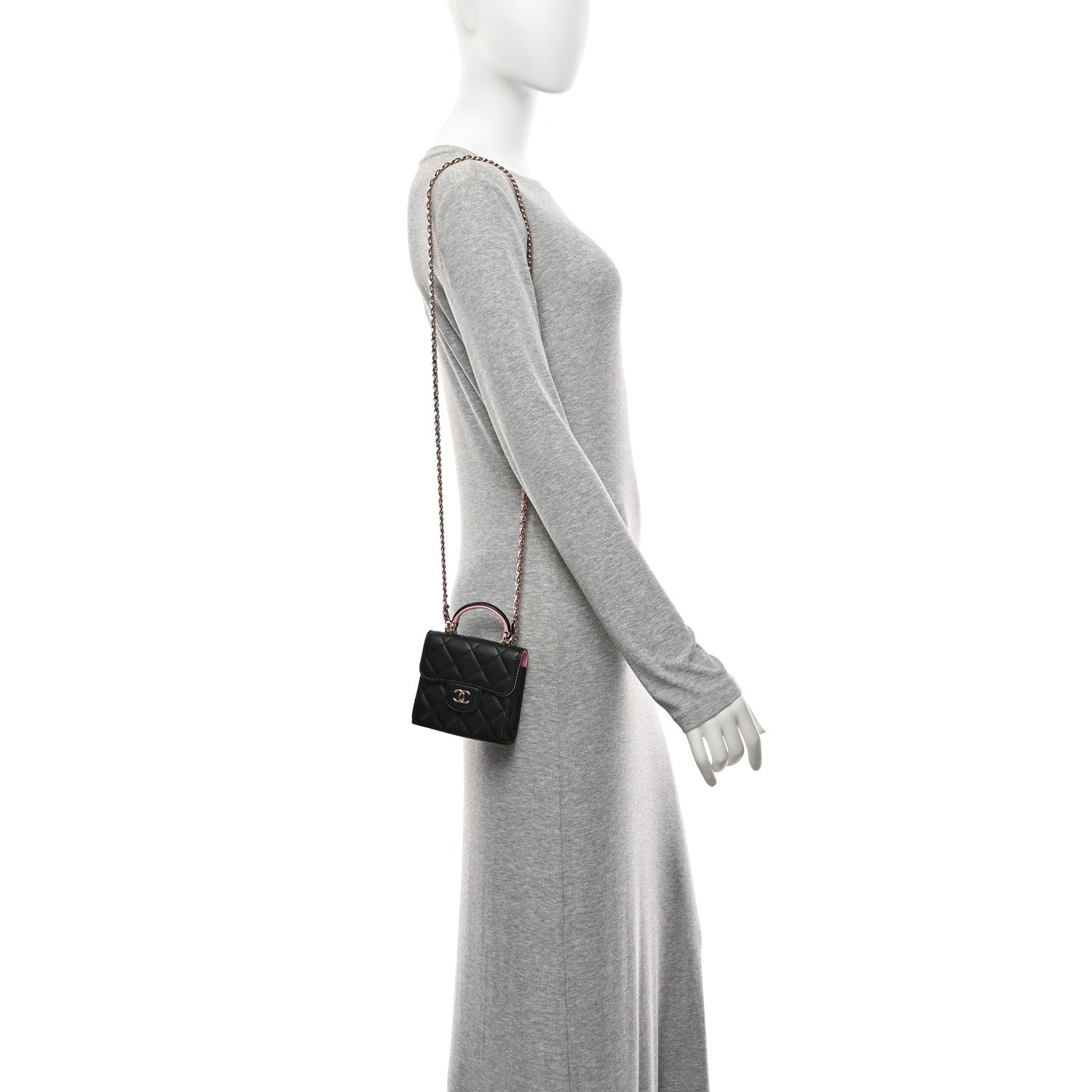 Chanel Lambskin Quilted Bi-Color Top Handle Clutch With Chain Black Pink