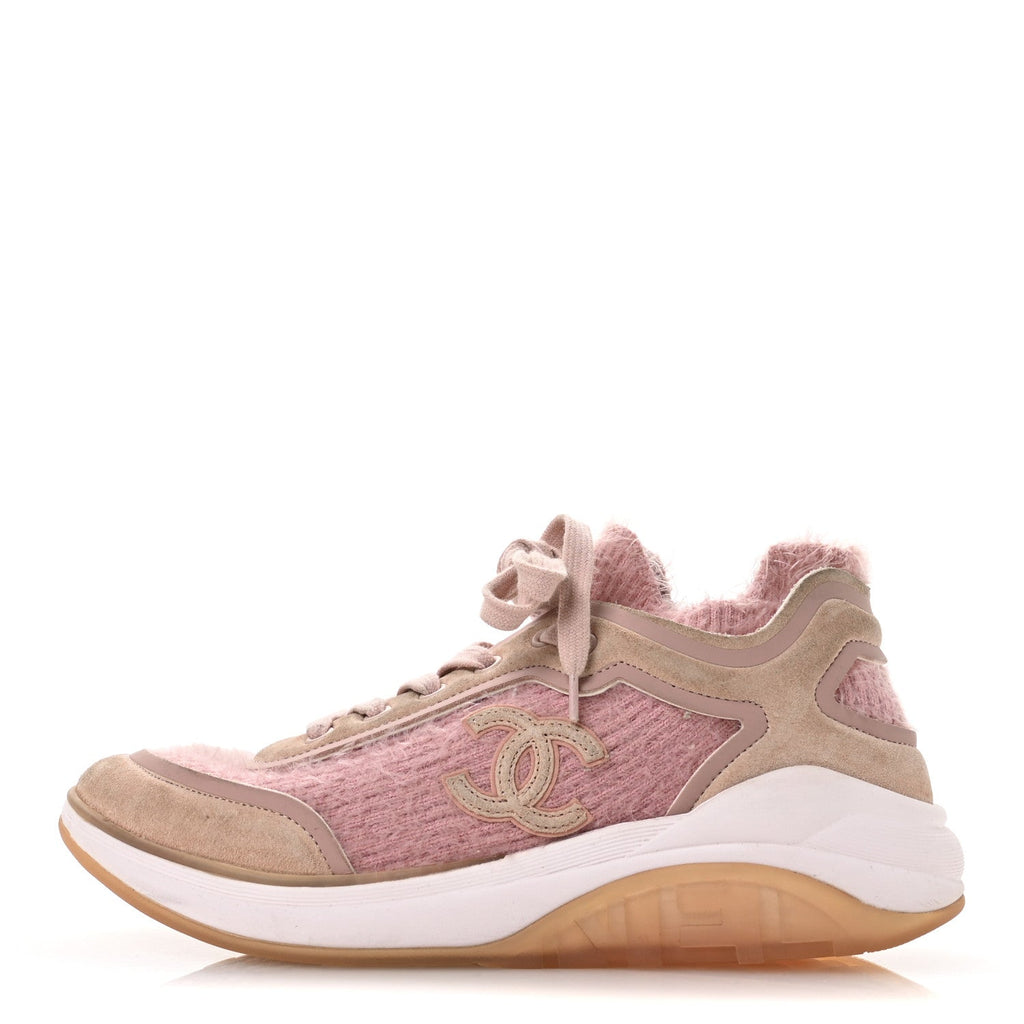 Chanel Suede Calfskin Stretch Fabric CC Sneakers 38.5 Pink