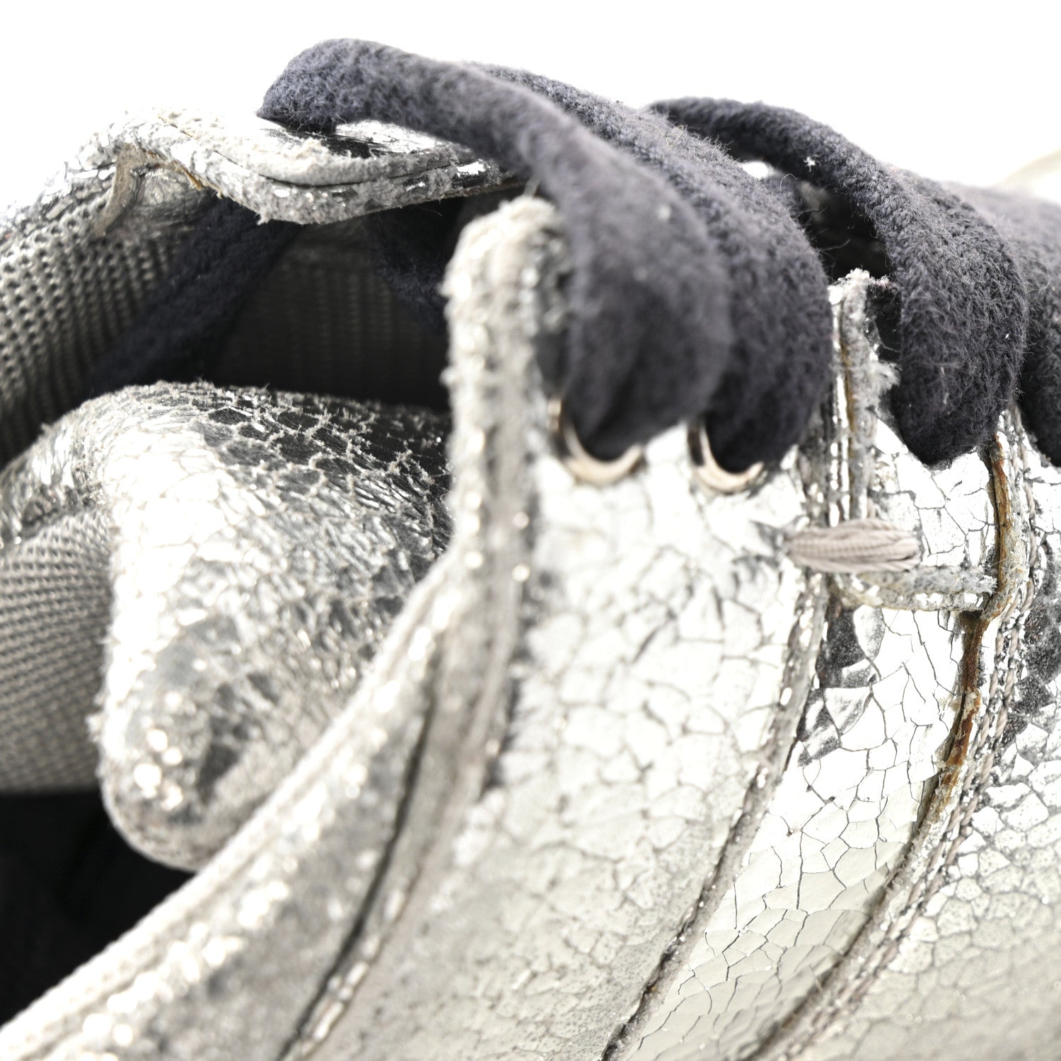 Metallic Crackled Calfskin CC Sneakers 36 Silver Black Navy