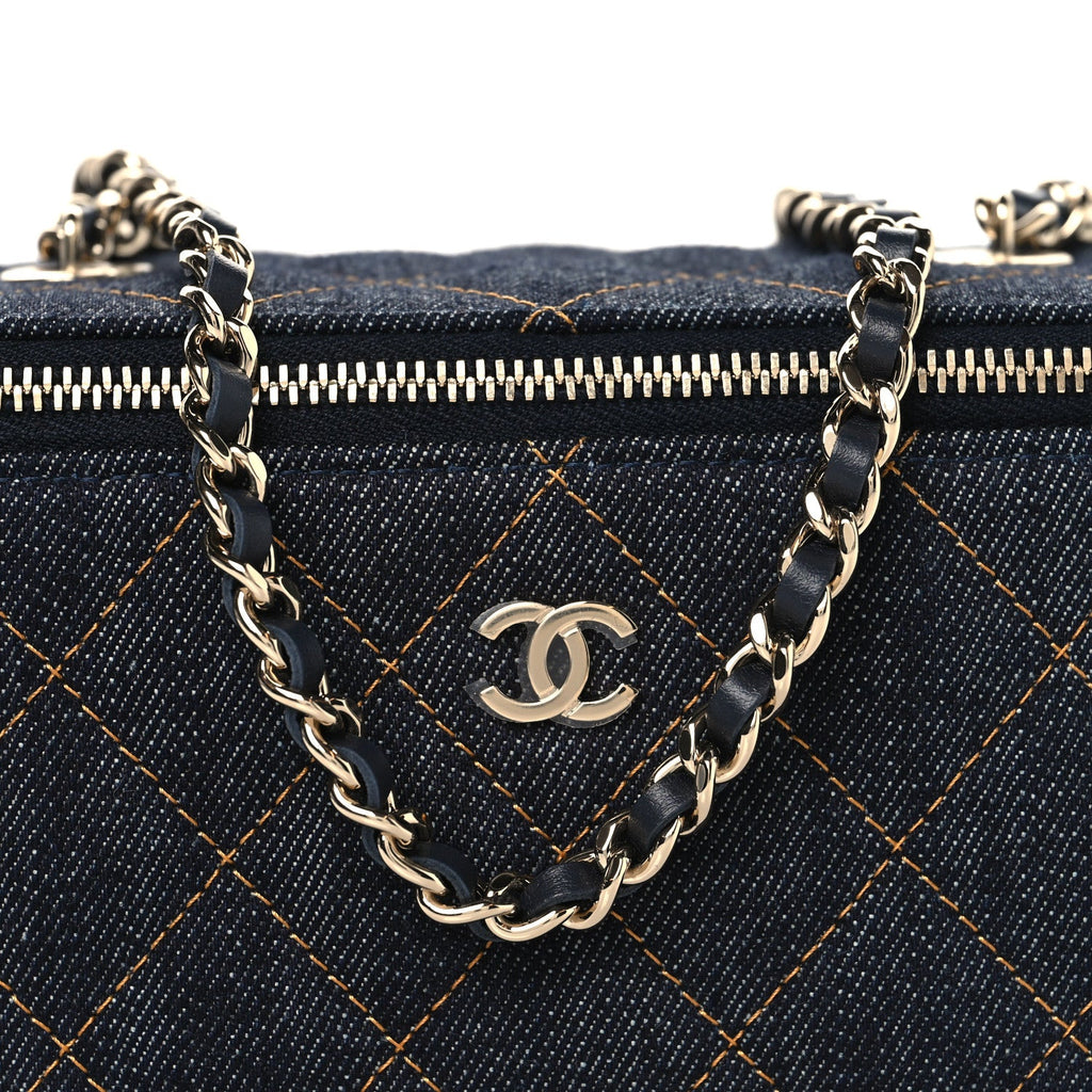 Chanel Denim Quilted Vanity Case With Chain Dark Blue