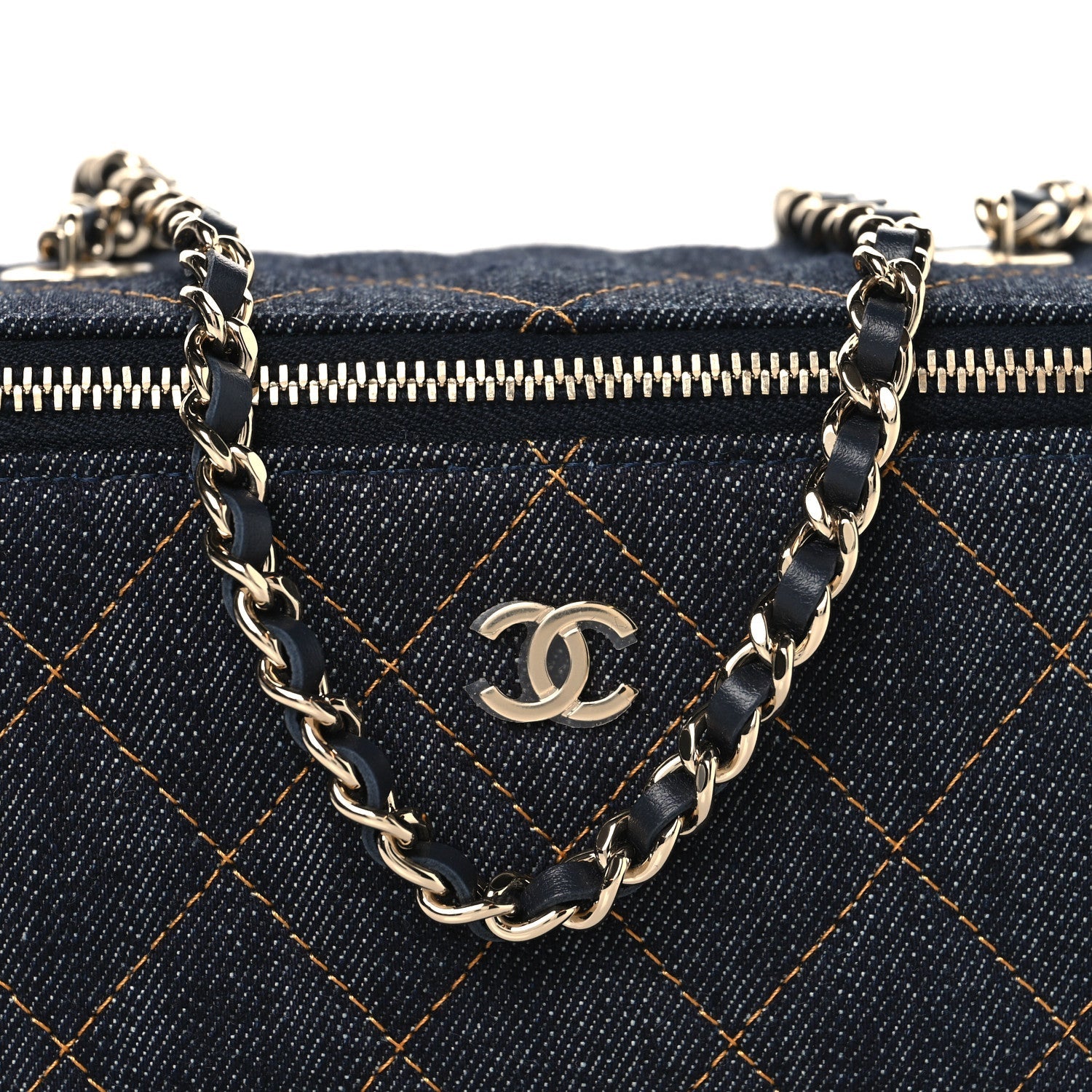 Chanel Denim Quilted Vanity Case With Chain Dark Blue