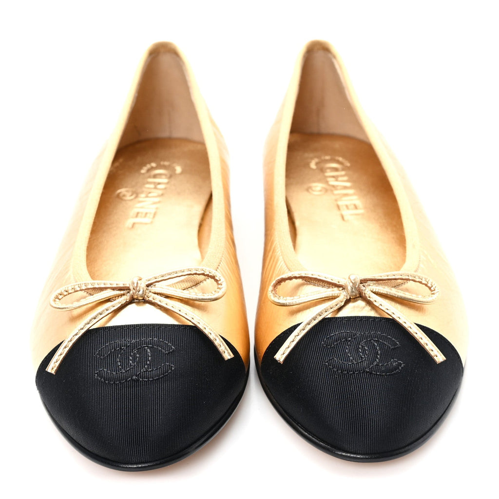 Laminated Lambskin Grosgrain Cap Toe CC Ballerina Flats 39.5 Dark Gold Black