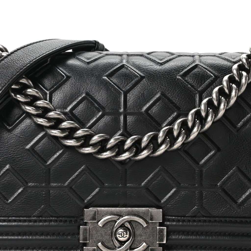 Chanel Calfskin Crystal Embossed Medium Boy Flap Black