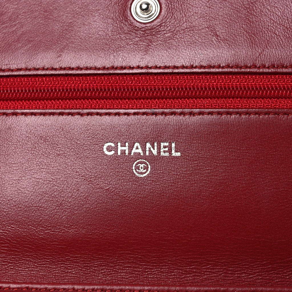 Chanel Lambskin Camellia Embossed Wallet on Chain WOC Red