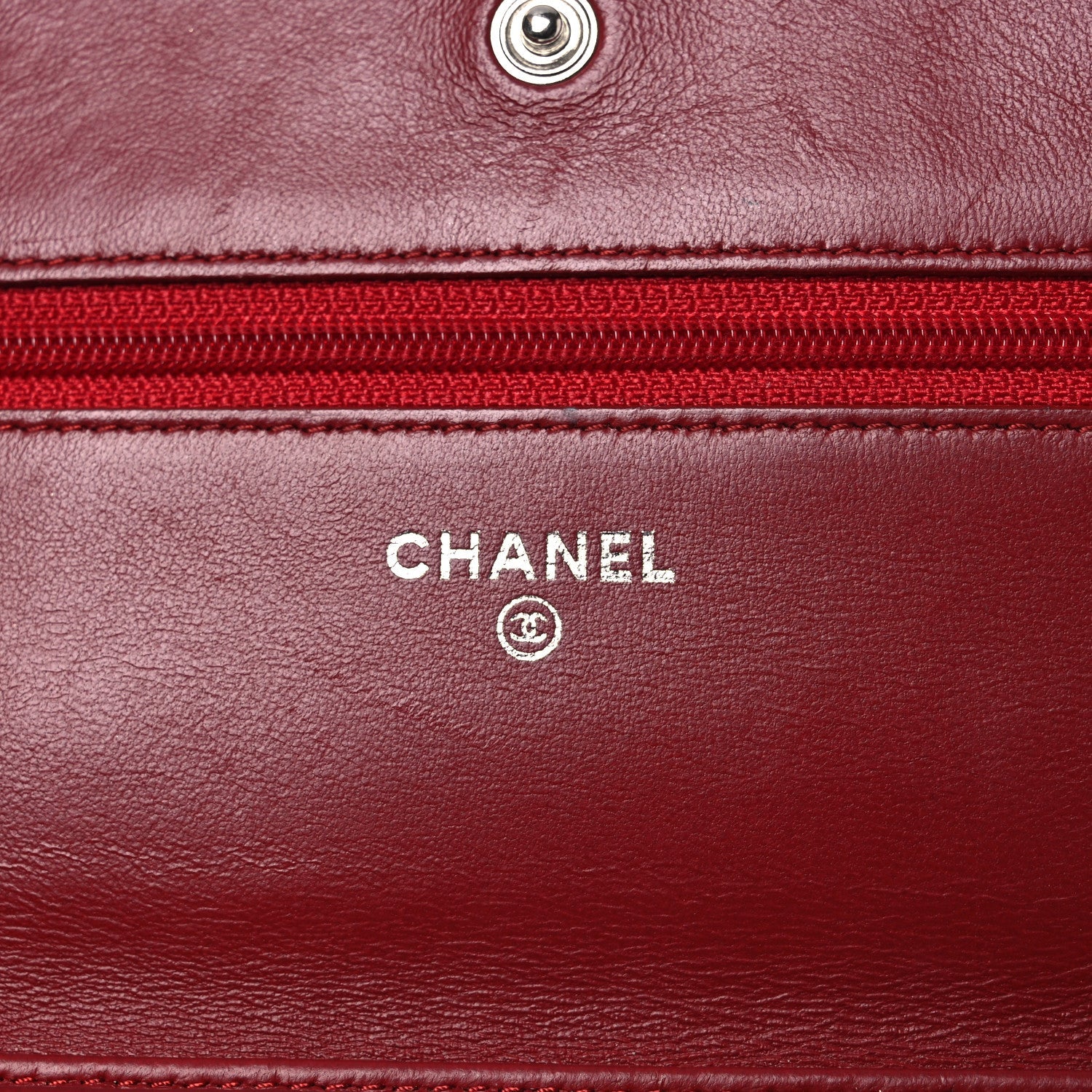 Chanel Lambskin Camellia Embossed Wallet on Chain WOC Red
