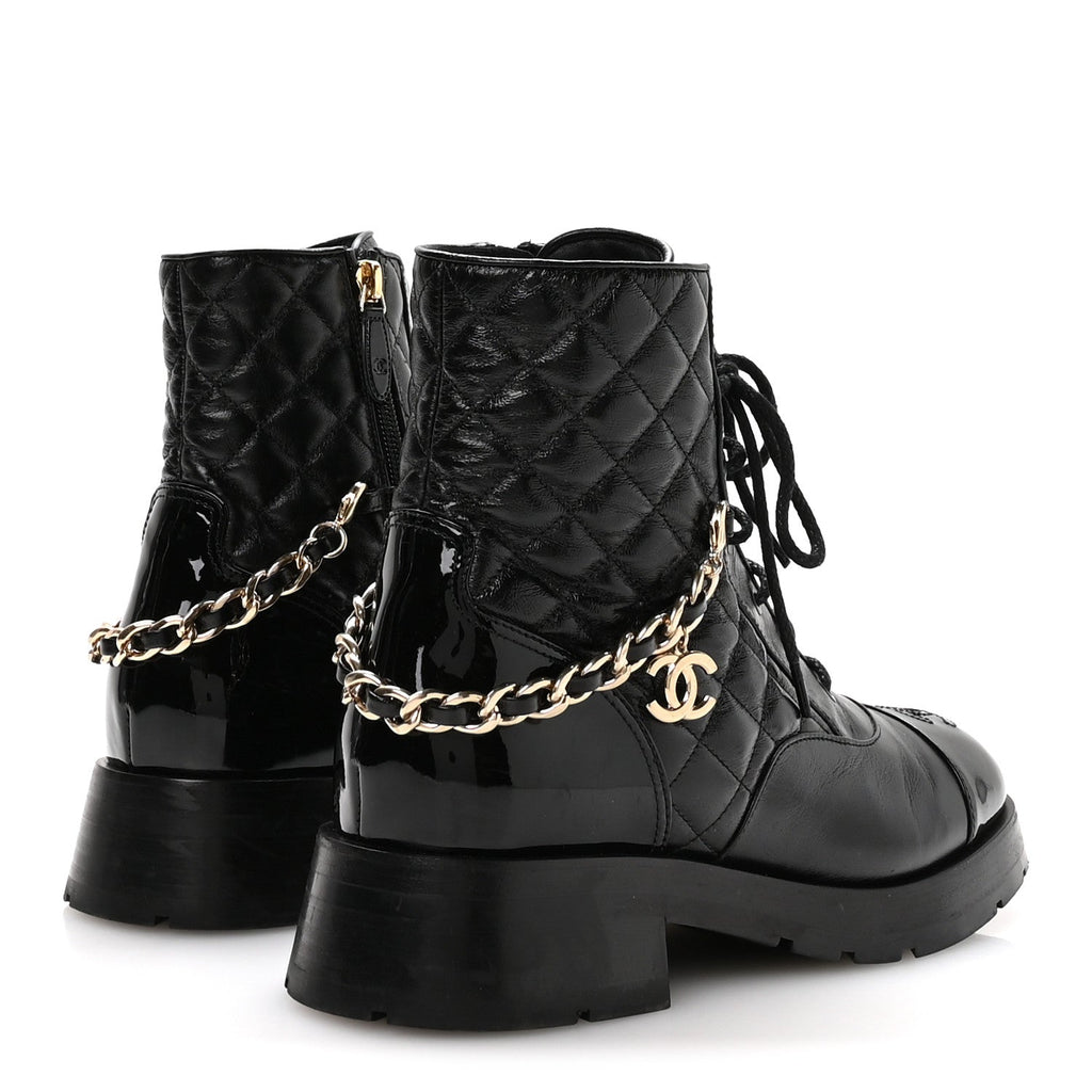 Chanel Shiny Calfskin Patent Quilted Chain Lace Up Combat Boots 40 Black