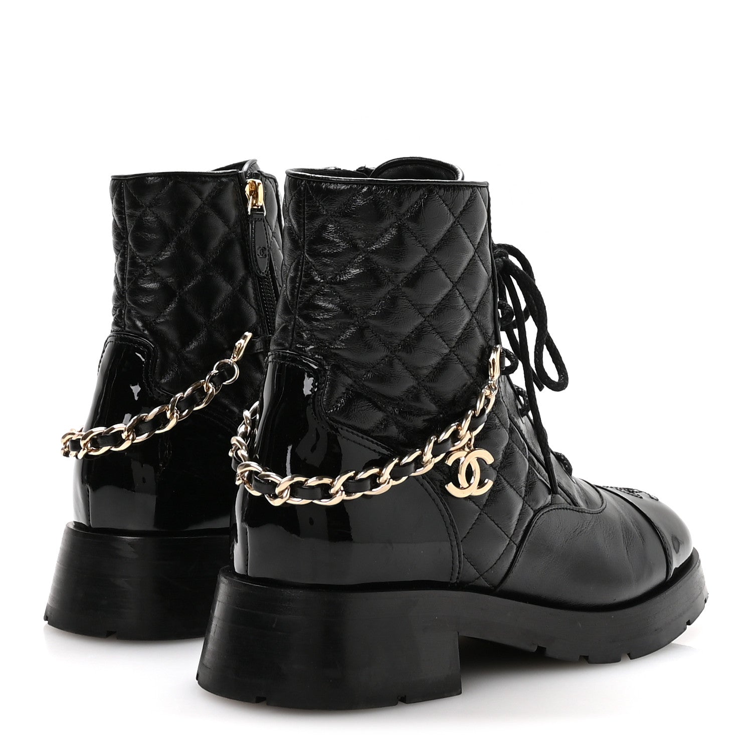 Chanel Shiny Calfskin Patent Quilted Chain Lace Up Combat Boots 40 Black