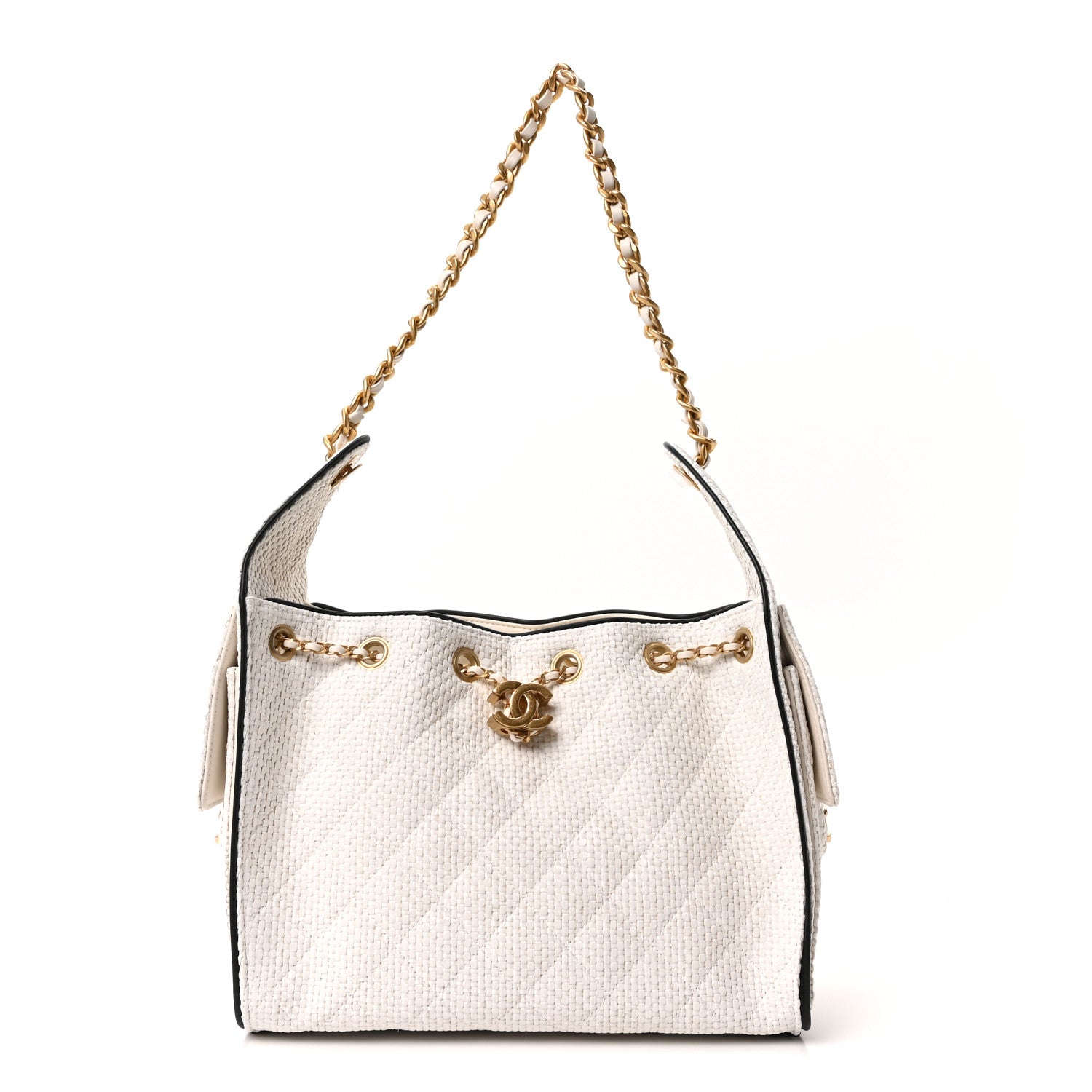 Chanel Braided Raffia Calfskin Quilted Small Chanel 25 Handbag White Black