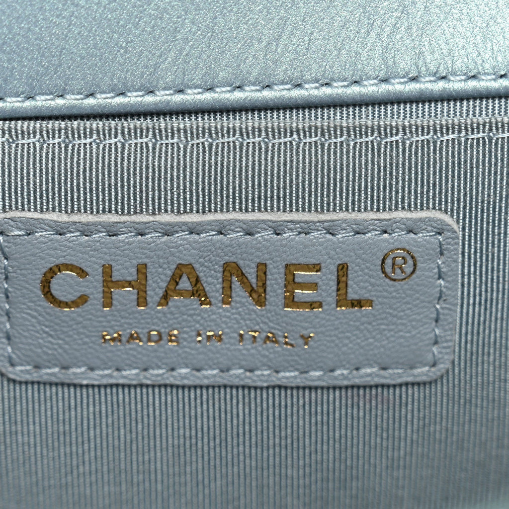 Chanel Iridescent Patent Calfskin Quilted Medium Boy Flap Light Blue