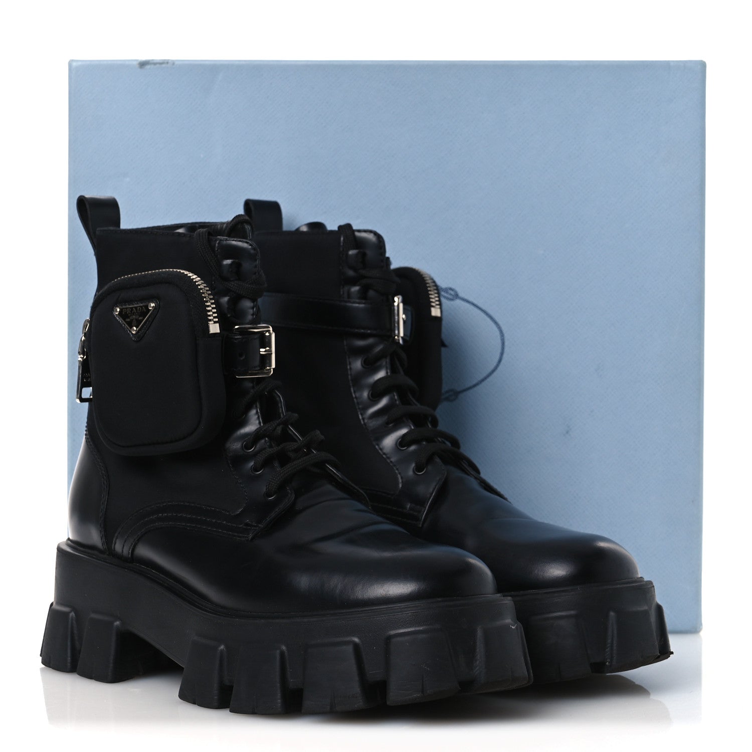 Prada Spazzolato Rois Nylon Metal Triangle Logo Monolith Pouch Pocket 55mm Boots 40.5 Black