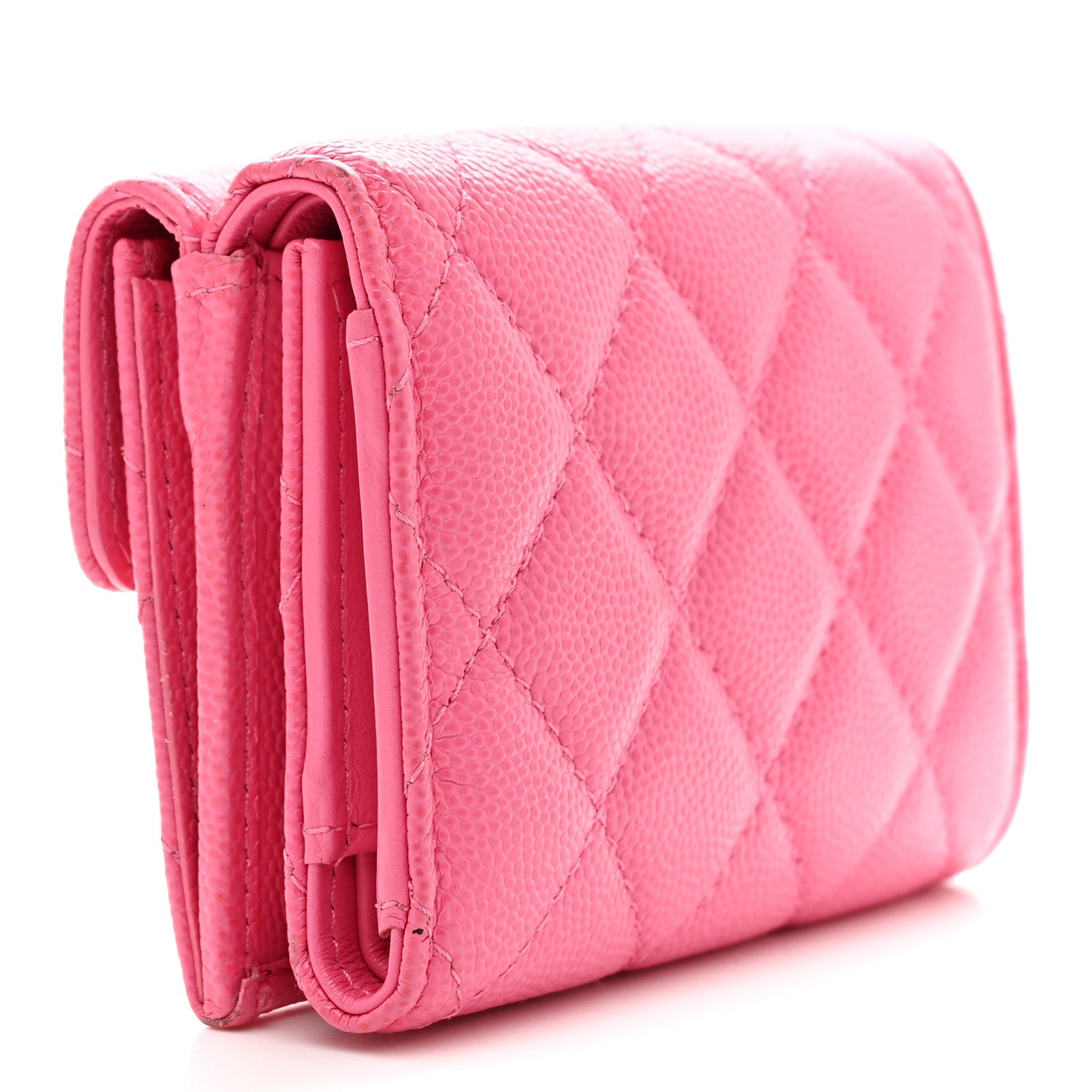 Caviar Quilted Tri-Fold Flap Wallet Pink