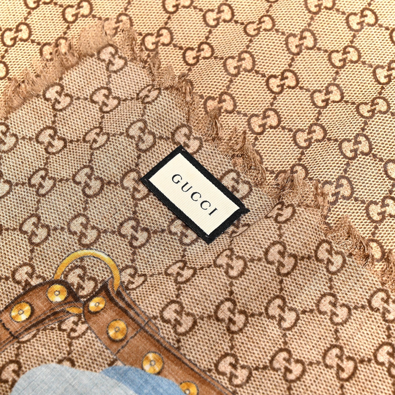 Gucci Wool Jacquard GG Monogram Big Panshie Fringe Shawl Sapphire Beige