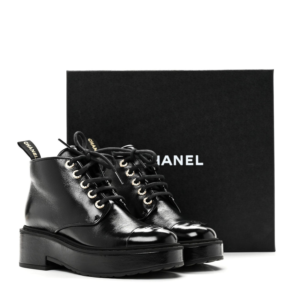 Chanel Shiny Calfskin Pearl Lace Up Combat Short Boots 38 Black