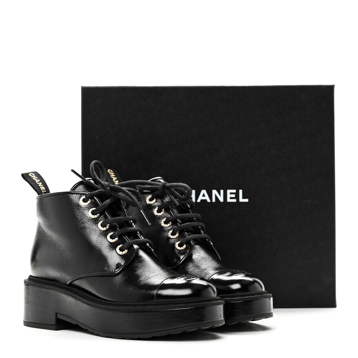 Chanel Shiny Calfskin Pearl Lace Up Combat Short Boots 38 Black