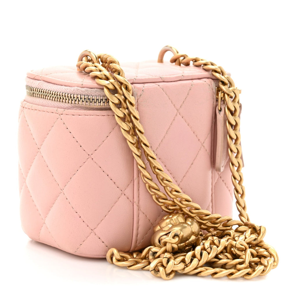 Chanel Lambskin Quilted Mini Sweet Camellia Vanity Case With Chain Pink