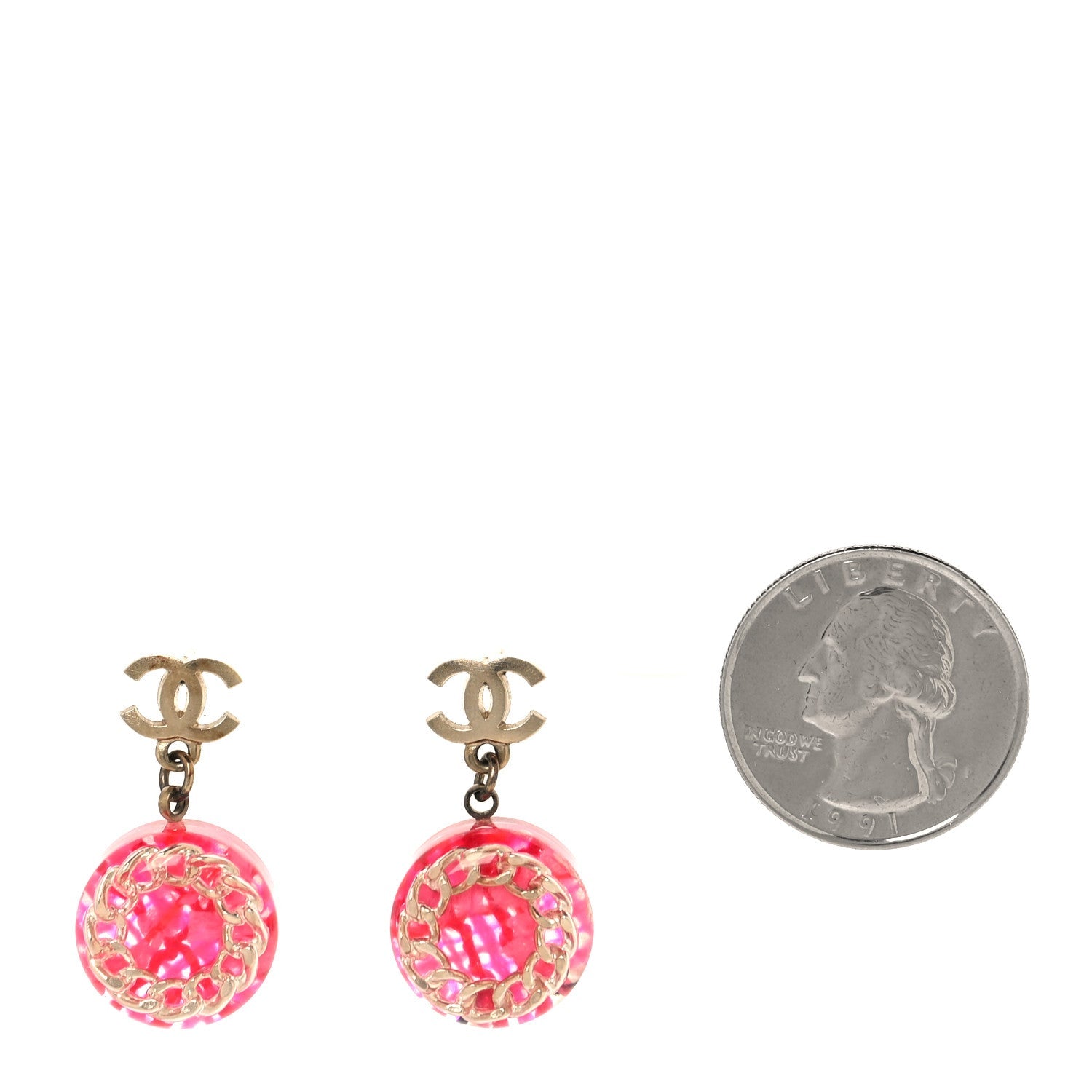 Resin Chain Tweed CC Drop Earrings Pink Gold