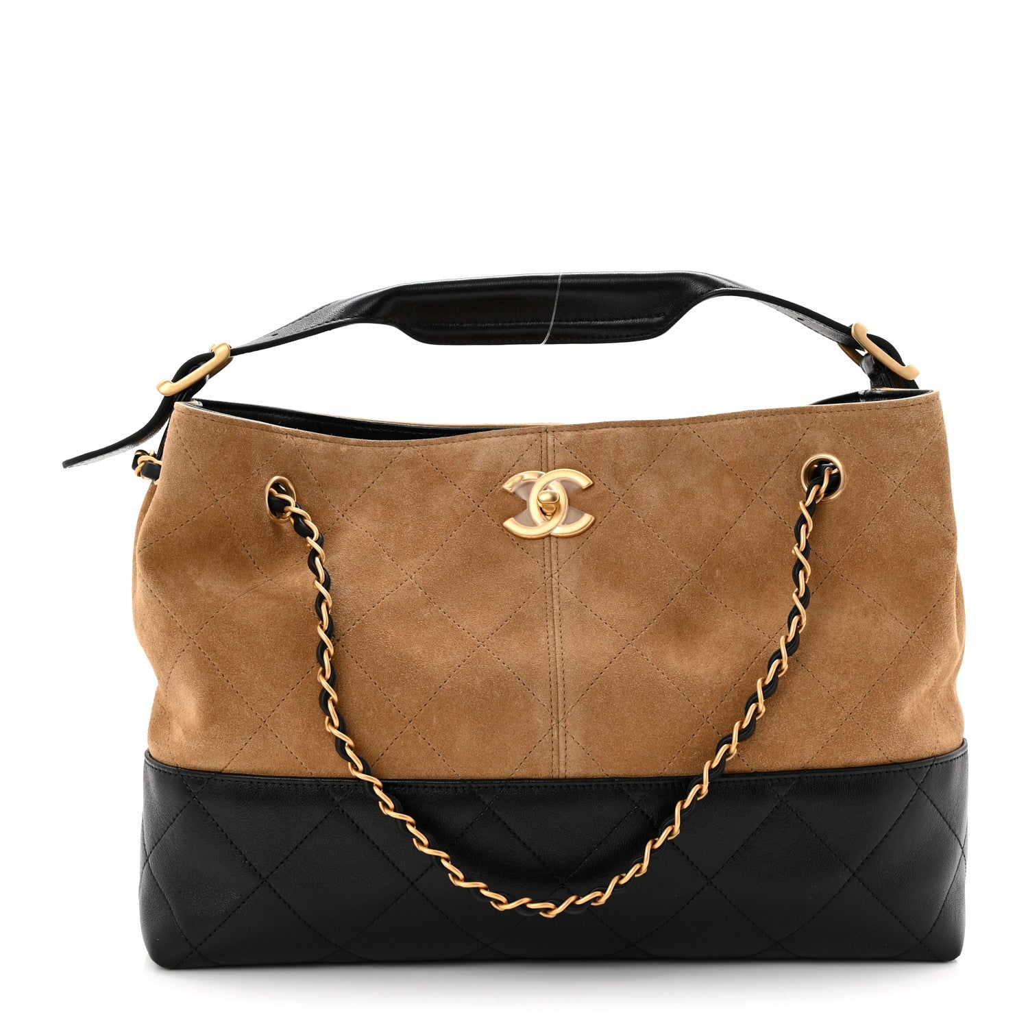 Chanel Suede Calfskin Shiny Lambskin Quilted Small Coco Base Shopping Bag Beige Black