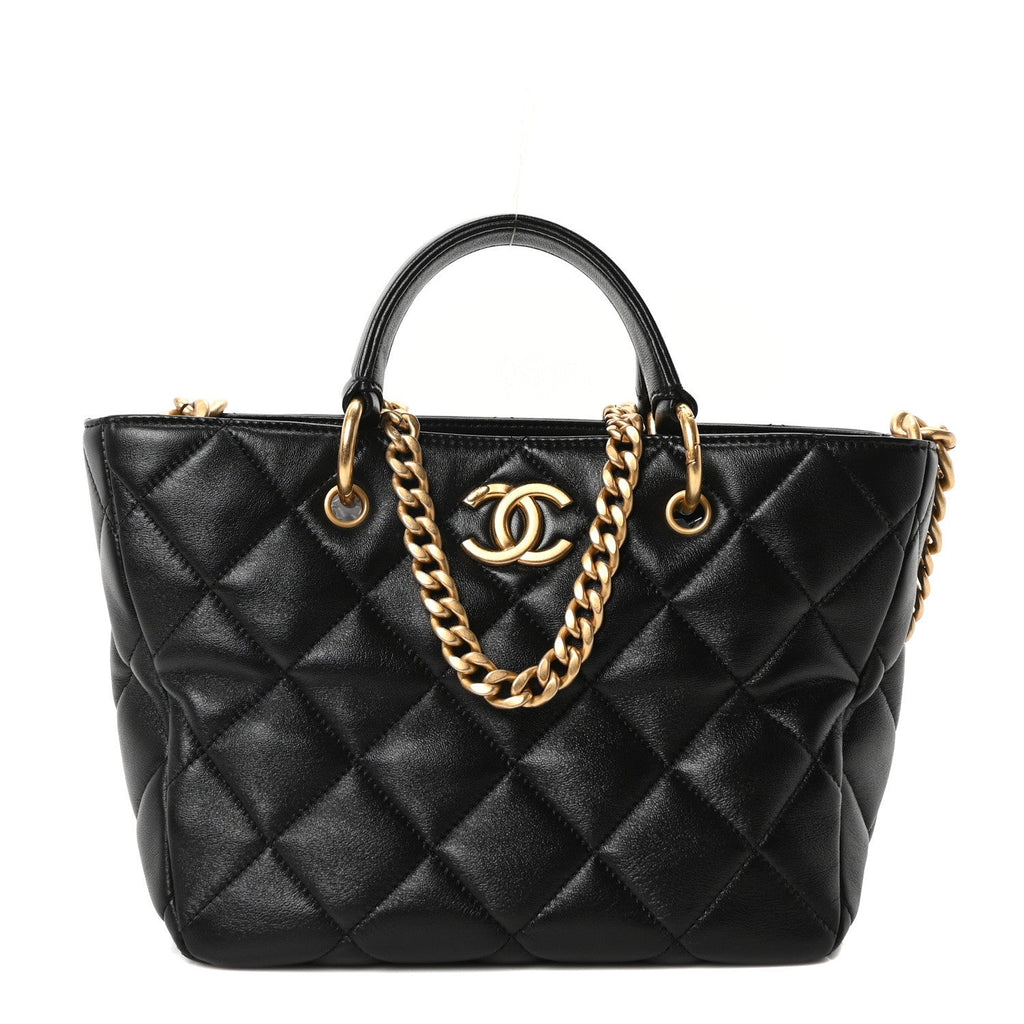 Chanel Lambskin Quilted Small Top Handle Shopping Bag Black